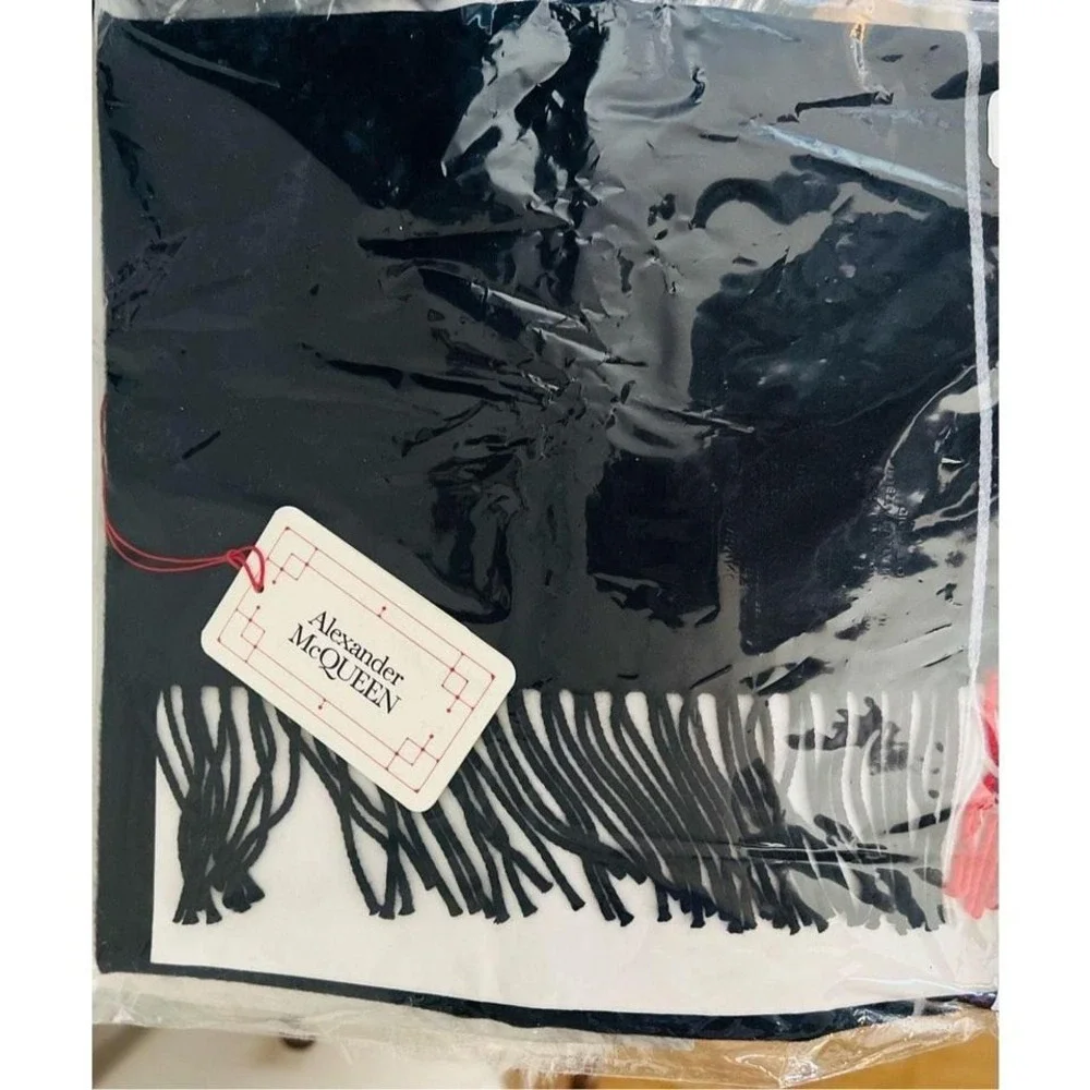 ALEXANDERw MCQUEEN Fringe Wool & Cashmere Scarf, Navy/Red, NWT